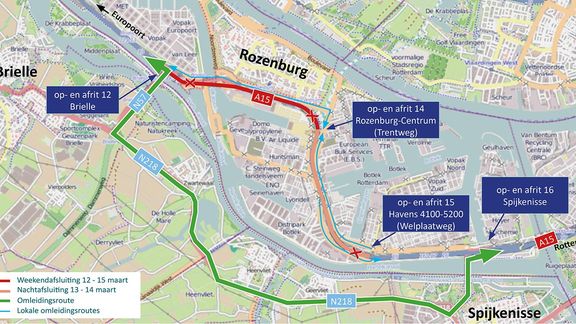 kaart weekendafsluiting A15 bij Rozenburg 15 maart