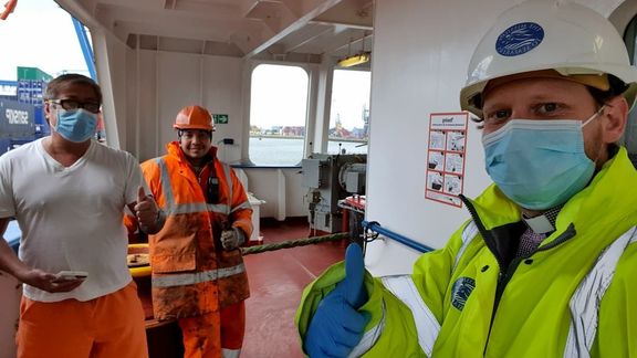 Chaplain to the Port of Rotterdam Dennis Woodward in PPE for working on board