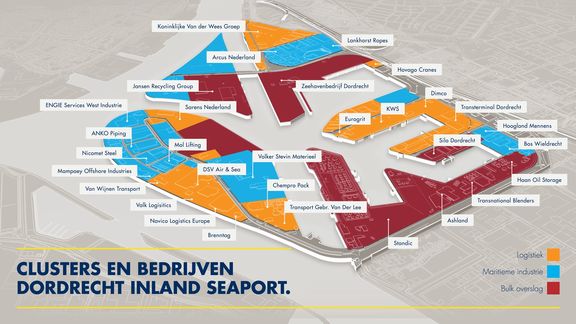 Een kaart met daarop de bedrijven (met bedrijfsnamen) die in de haven van Dordrecht zijn gevestigd