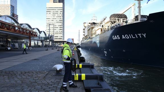 LNG bunkering vessel Gas Agility arrive at Holland Amerikakade near Cruiseport Rotterdam