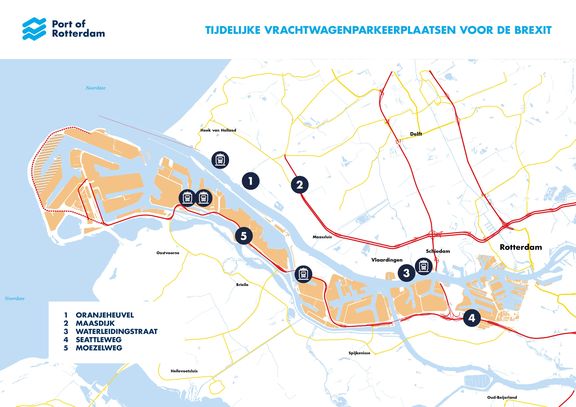 Kaart tijdelijke vrachtwagenparkeerplaatsen Brexit