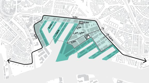 Map of the Merwe-Vierhaven area on water safety. Arrows visualise the evacuation routes