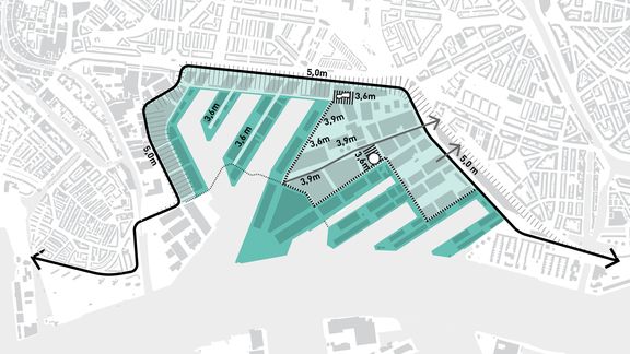 Kaart van het Merwe-vierhavengebied over waterveiligheid. Pijlen visualiseren de evacuatieroutes