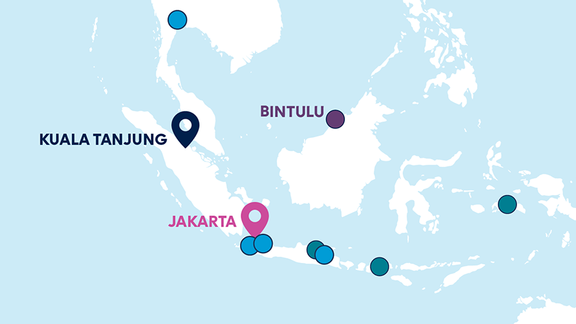 Karte von Indonesien mit Hafenstädten, mit denen irgendeine Form der Zusammenarbeit erreicht wurde