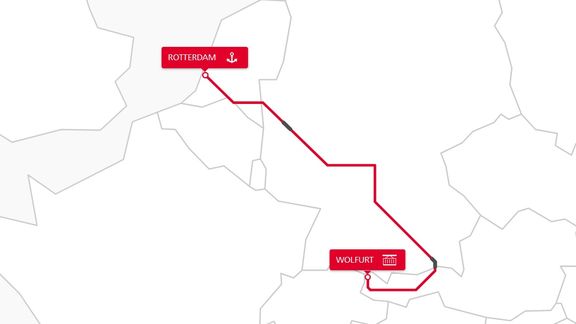 The Wolfurt-Rotterdam rail track from Rotterdam, Netherlands to Wolfurt, Austria