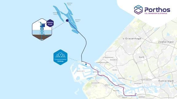 Route pijplijn voor vervoer en opslag van Co2 bij de Rotterdamse haven Voor de opslag van Co2 loopt de pijplijn van de Rotterdamse haven naar een leeg gasveld op zee.
