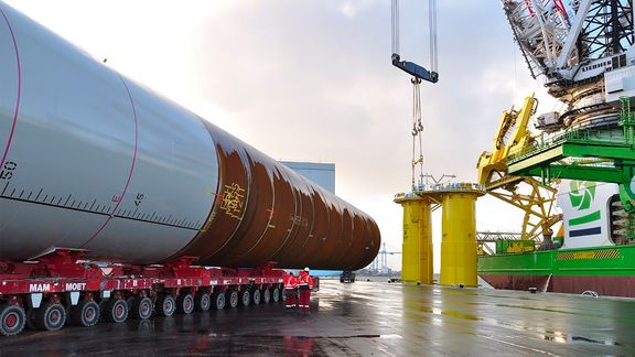 Foundation for wind mills at sea at Sif on Maasvlakte being loaded