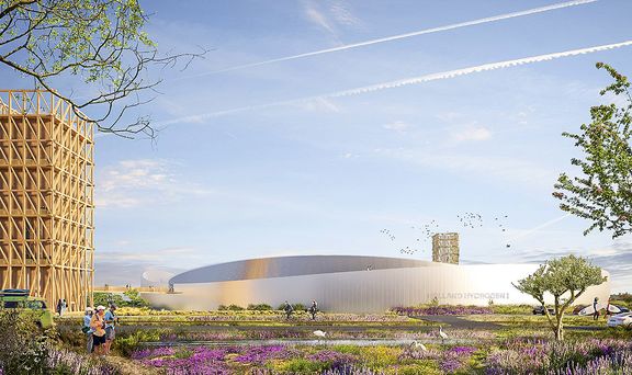 Ontwerpschets van de Holland Hydrogen I, de groene waterstoffabriek van Shell inclusief bezoekerscentrum op Maasvlakte 2. Geplande ingebruikname in 2024.