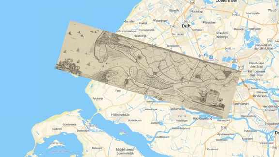 Kaart van de Rotterdamse haven anno 1740 over de actuele kaart