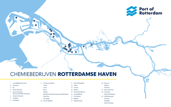 Kaart chemiebedrijven in de Rotterdamse haven
