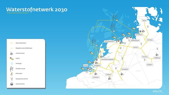 Illustratie waterstofnetwerk Nederland en Achterland