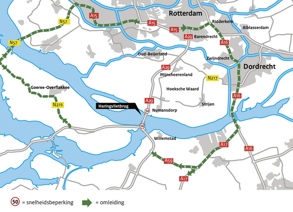 Omleidingskaart Haringvlietbrug afsluitingen