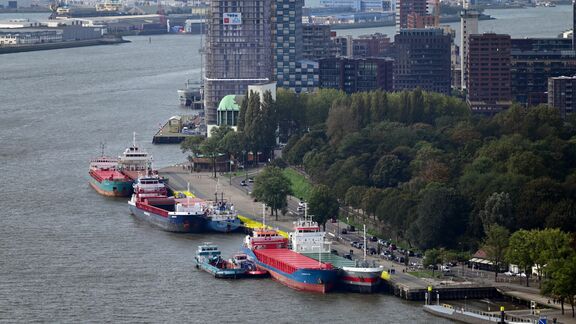 Impressie: geel markeert het gebied op de kade voor de hekken (dit is geen exacte aanduiding van de plaatsing van de hekken).
