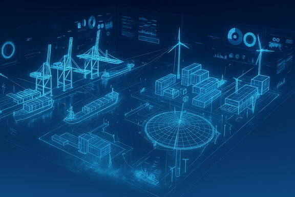 Digitale illustratie van een slimme haven met kranen en windturbines, met de tekst: “Ports in Transition: Building Resilient Ecosystems”.