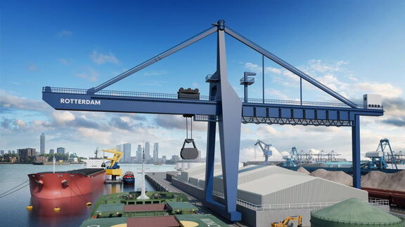 Large harbor crane labeled “Rotterdam” loading cargo near ships and silos by the water.