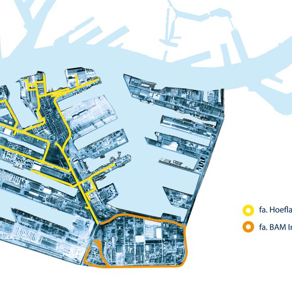 Kaartje met het Waalhavengebied waar aangegeven staat waar Hoeflake en BAM de werkzaamheden gaan uitvoeren.