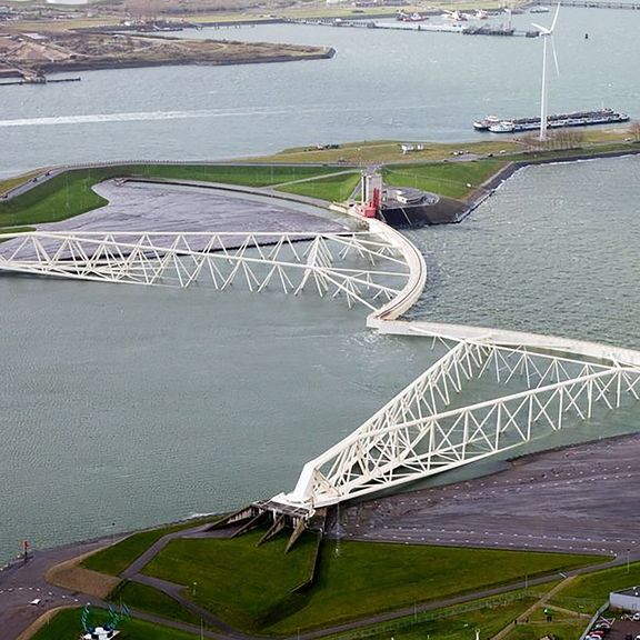 Maeslant barrier on the border of the Scheur and the Nieuwe Waterweg at Hoek van Holland