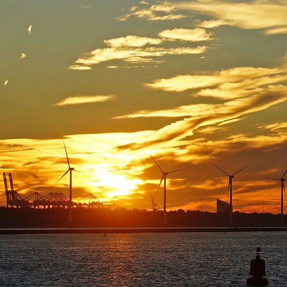 Sunset of Maasvlakte wind turbines