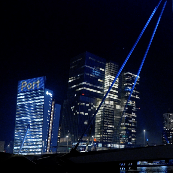 Erasmusbrug blauw uitgelicht voor de 15 miljoenste container