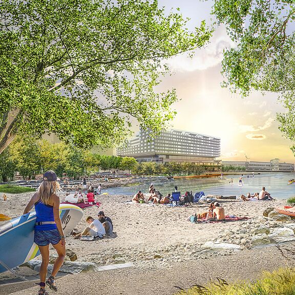 Toekomstbeeld met strand van de Rotterdamse Rijnhaven