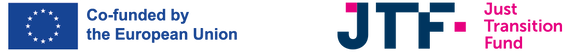 Grafik mit zwei Logos: Links das blaue EU-Logo mit dem Text „Co-funded by the European Union“, rechts das Logo des Just Transition Fund (JTF) in dunkelblauer und pinker Schrift.